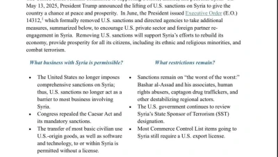 واشنطن تُعلن تخفيف العقوبات الأميركية على سوريا وتوسيع الإعفاءات التجارية