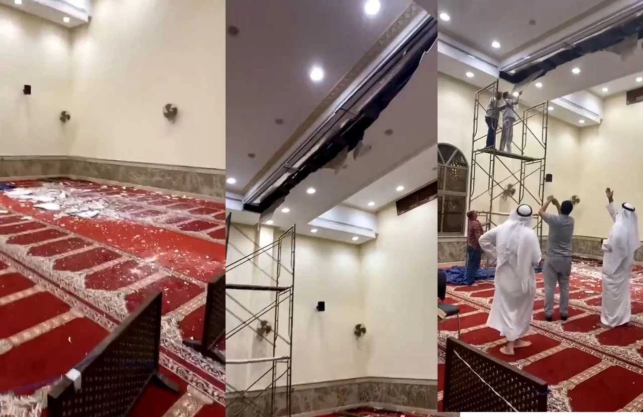 انهيار سقف المسجد أثناء صلاة التراويح! (فيديو)