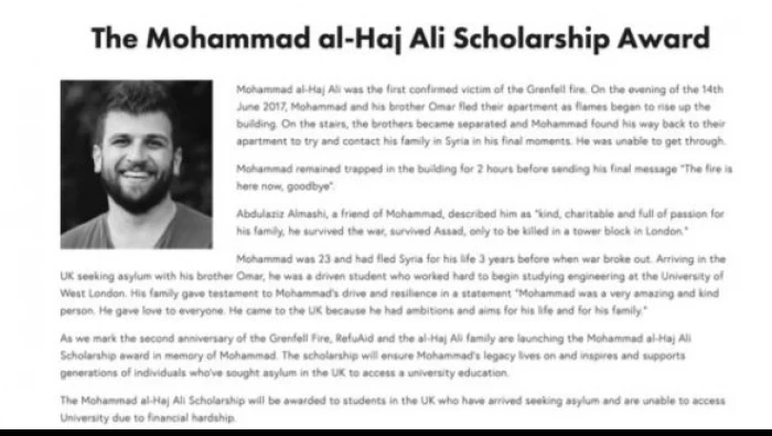 جمعية بريطانية تقرر إطلاق منحة دراسية تخلد اسم الطالب السوري "محمد الحاج علي" الذي توفي في حريق برج غرينفيل