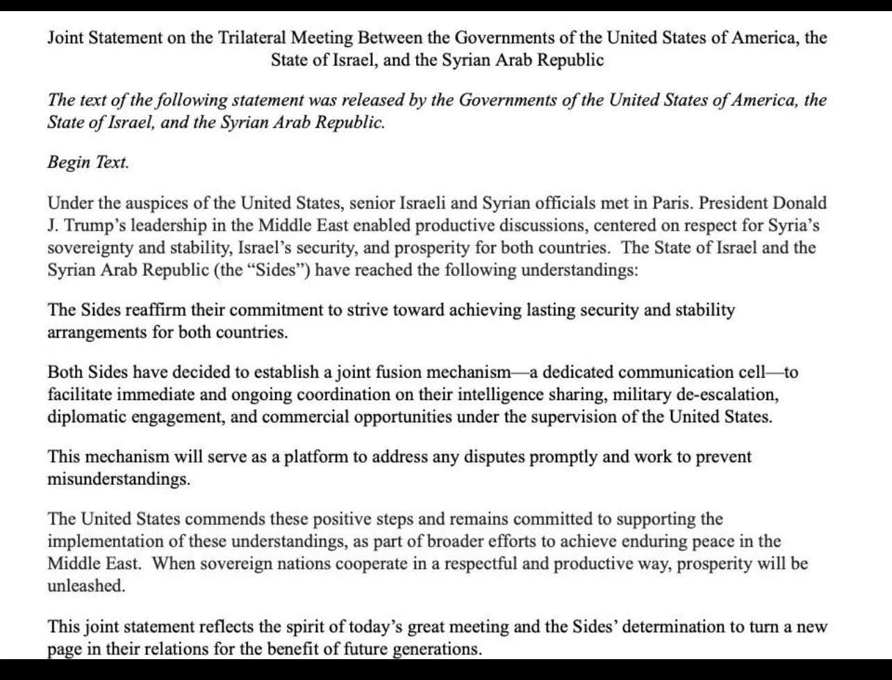 النص الكامل للبيان السوري–الأمريكي–الإسرائيلي: تفاهمات أمنية وتجارية برعاية الولايات المتحدة