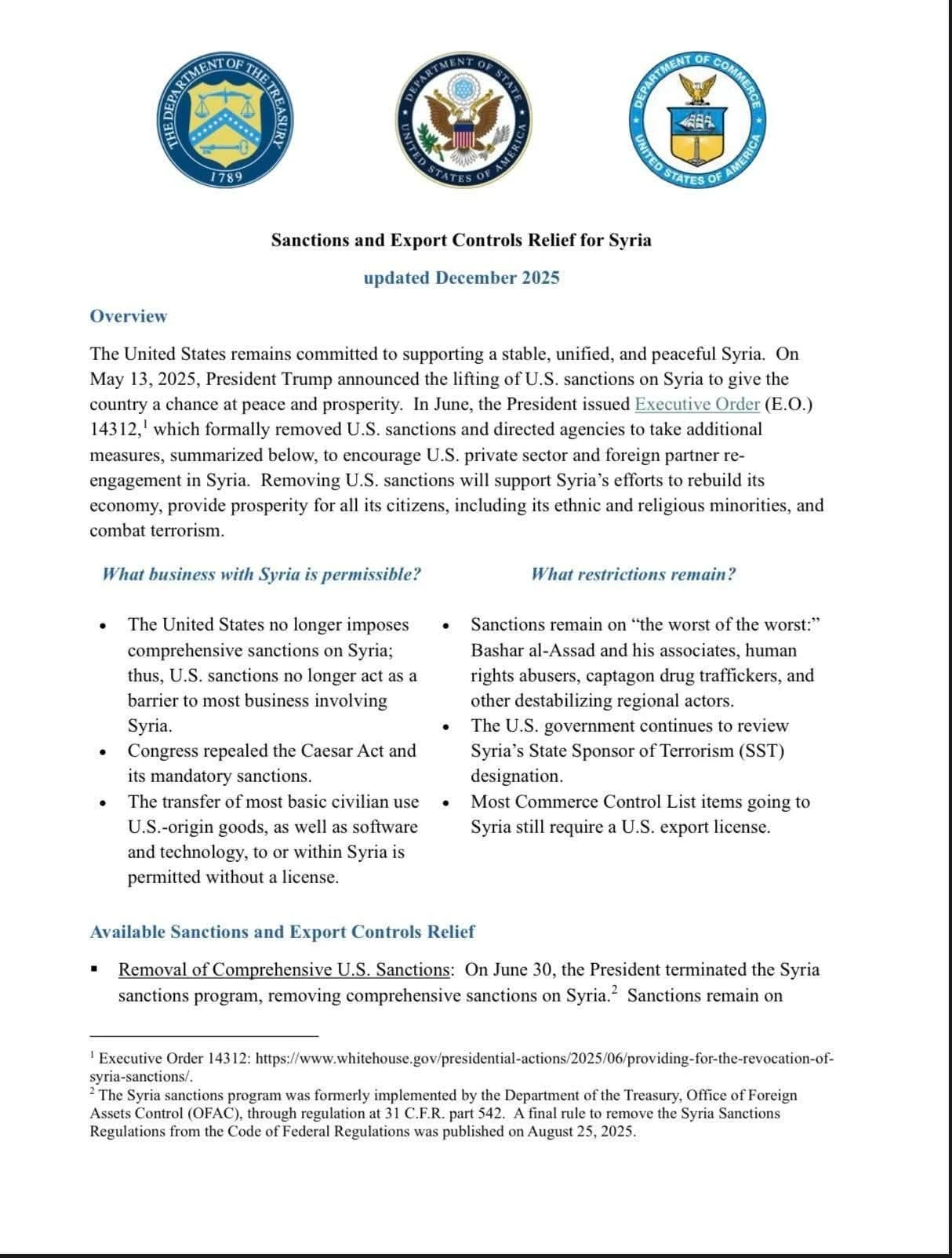 واشنطن تُعلن تخفيف العقوبات الأميركية على سوريا وتوسيع الإعفاءات التجارية